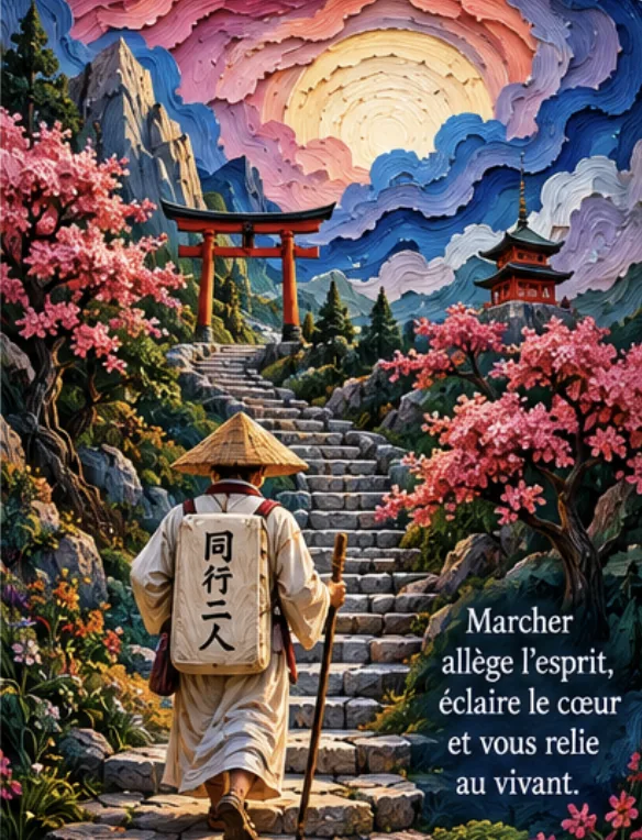 Pèlerin de dos au chapeau de paille montant un escalier de pierre vers un torii et une pagode, pèlerinage Shikoku fleuri