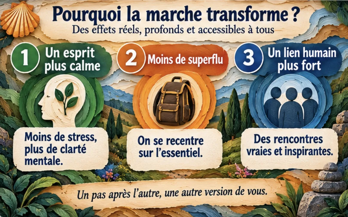 Trois bienfaits de la marche spirituelle : esprit plus calme, moins de superflu avec un sac à dos, lien humain plus fort