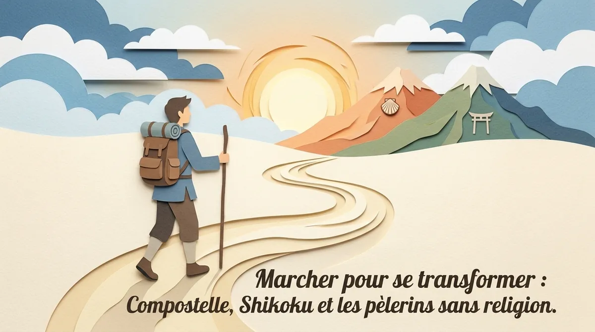 Randonneur en papier découpé, sac et bâton, en marche spirituelle vers deux monts marqués d’une coquille et d’un torii