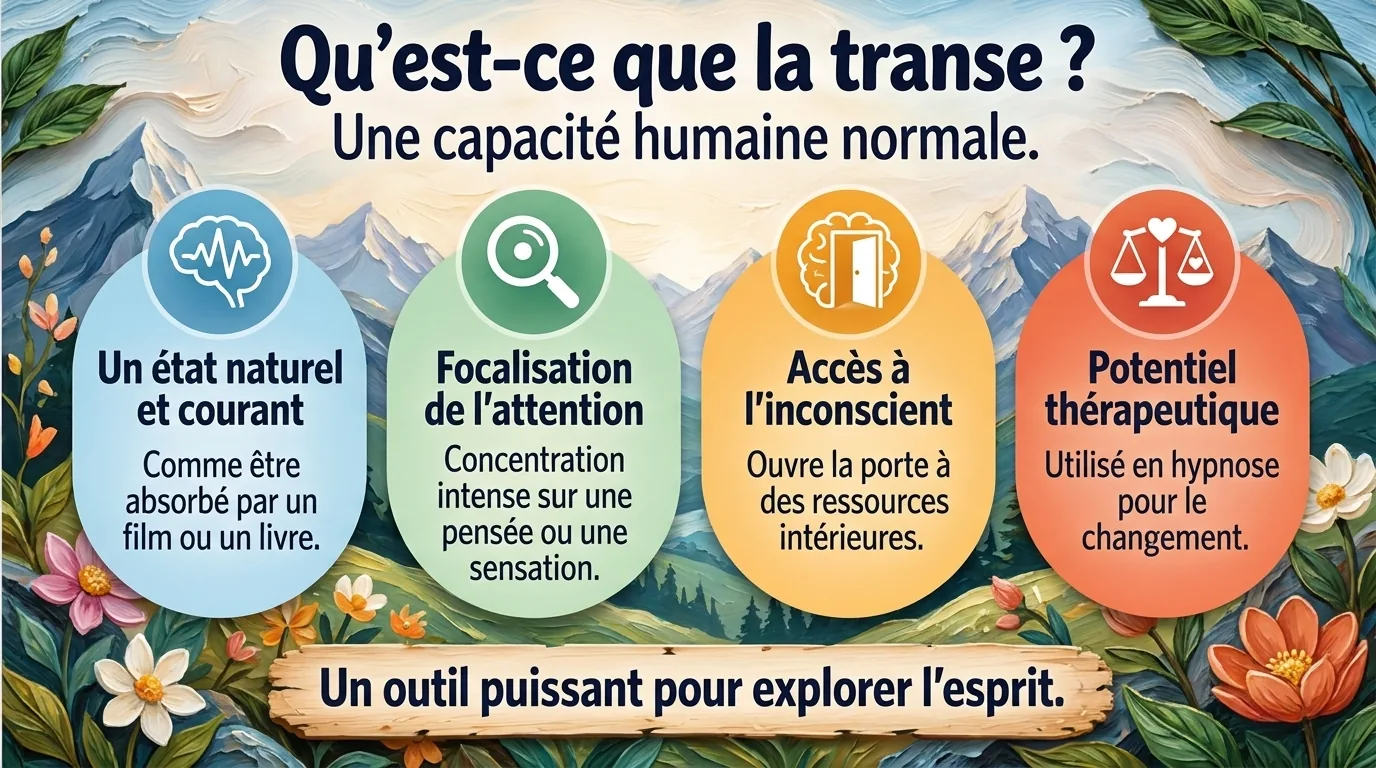 Quatre cartes colorées devant des montagnes expliquant l'état de transe : état naturel, attention, inconscient, thérapie