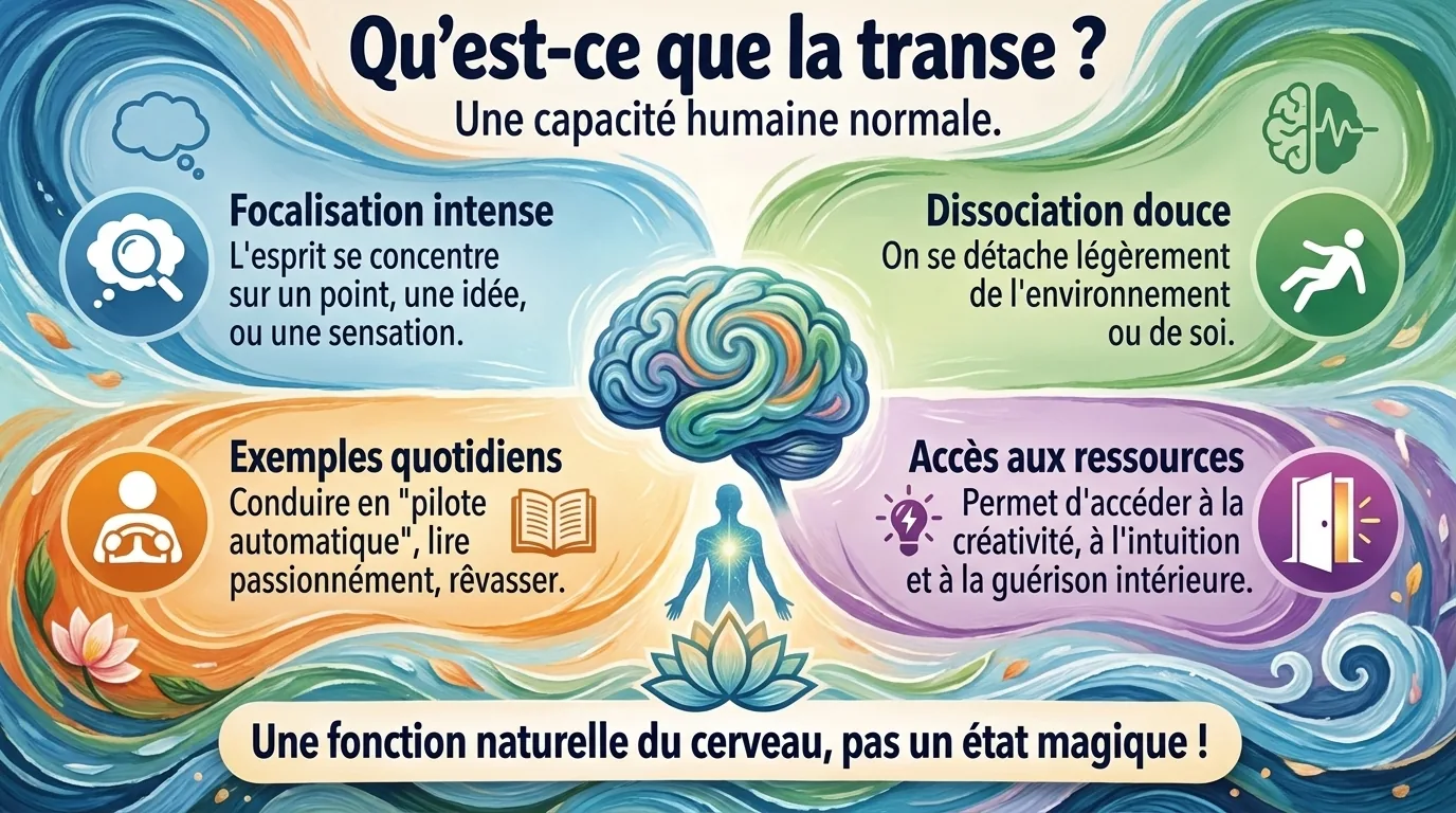 Schéma de l’état de transe : focalisation intense, dissociation douce, exemples quotidiens et ressources autour d’un cerveau