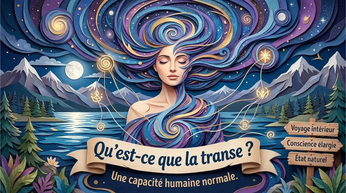 Femme aux yeux clos, chevelure en spirales étoilées au-dessus d'un lac de montagne, évoquant l'état de transe