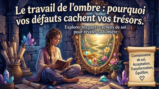 Femme assise lisant un livre devant un miroir doré ouvrant sur un trésor, symbole du travail de l’ombre selon Jung