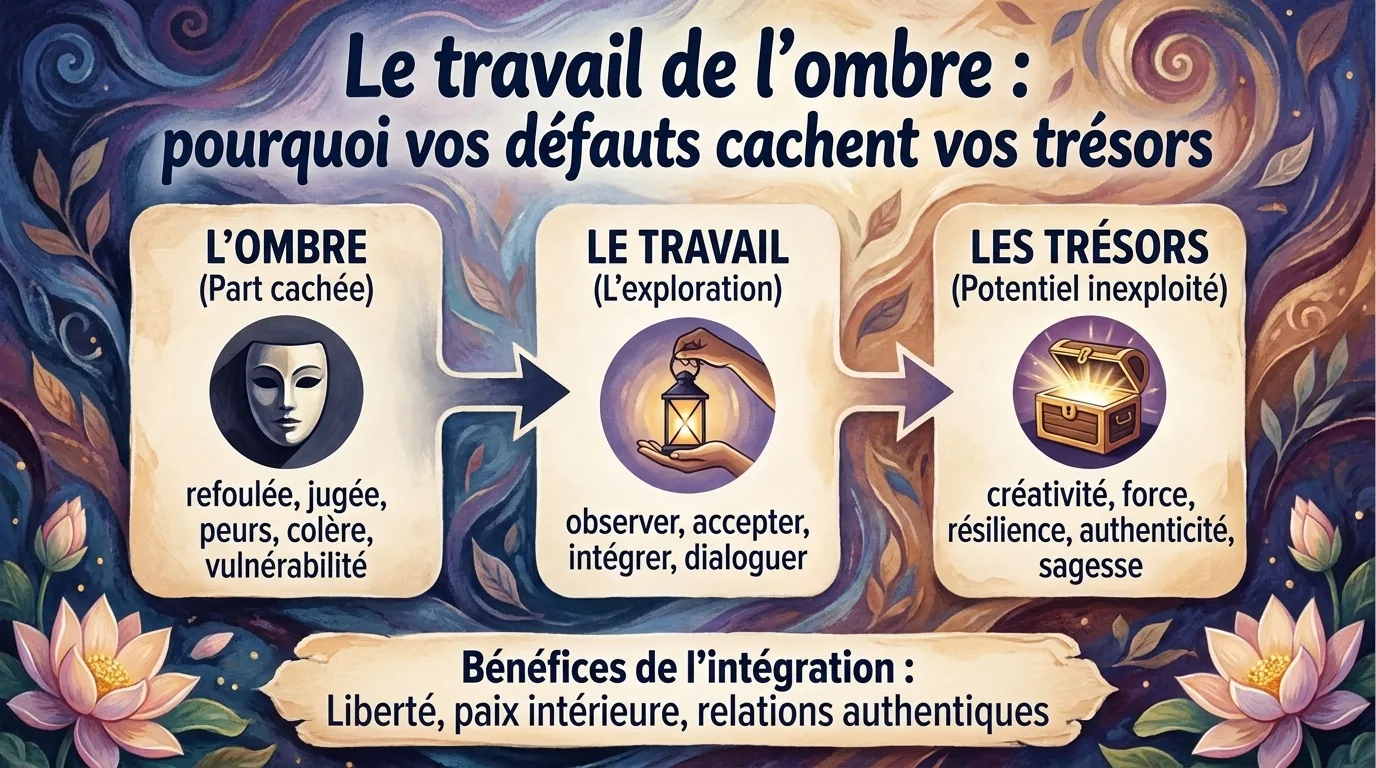 Schéma du travail de l’ombre selon Jung : masque de l’ombre, lanterne de l’exploration, coffre des trésors int Schéma du travail de l’ombre selon Jung : masque de l’ombre, lanterne de l’exploration, coffre des trésors intégrés