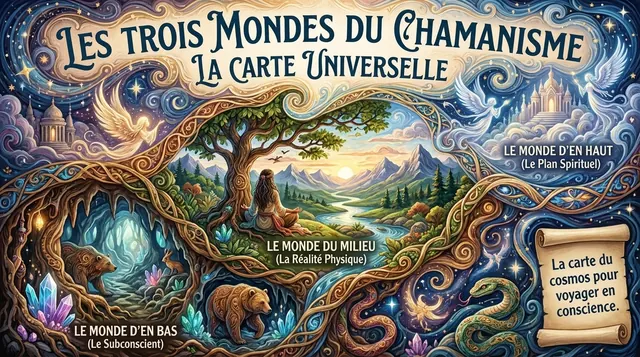 Arbre du monde, un axis mundi reliant les trois mondes : grotte aux ours en bas, vallée au milieu, palais céleste en haut