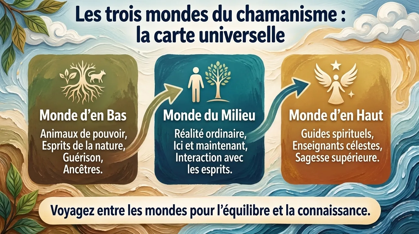 Trois panneaux reliés par des flèches : monde d’en bas, monde du milieu et monde d’en haut, les trois mondes du chamanisme