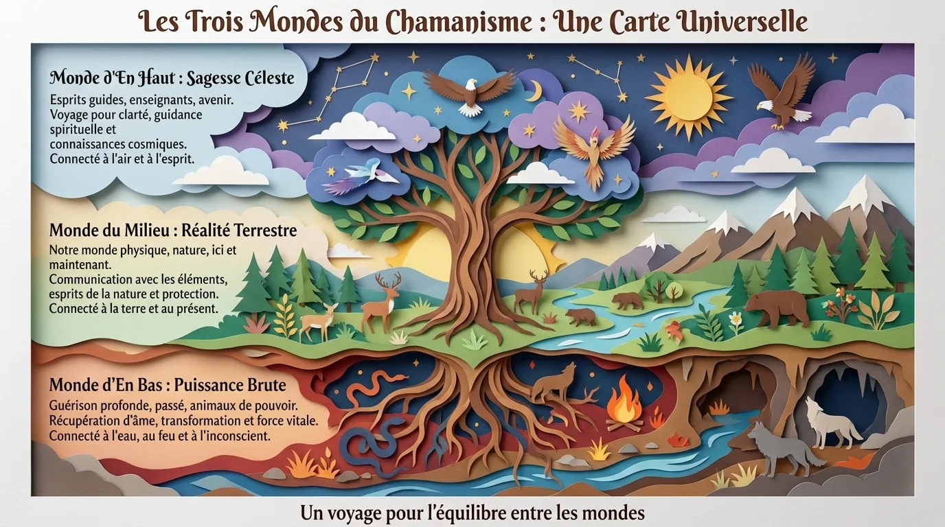 Arbre du monde en papier découpé reliant monde d’en haut, monde du milieu et monde d’en bas : les trois mondes du chamanisme