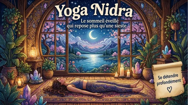 Femme allongée en yoga nidra sur un tapis, bougies et cristaux, fenêtre ouverte sur un lac et une lune la nuit