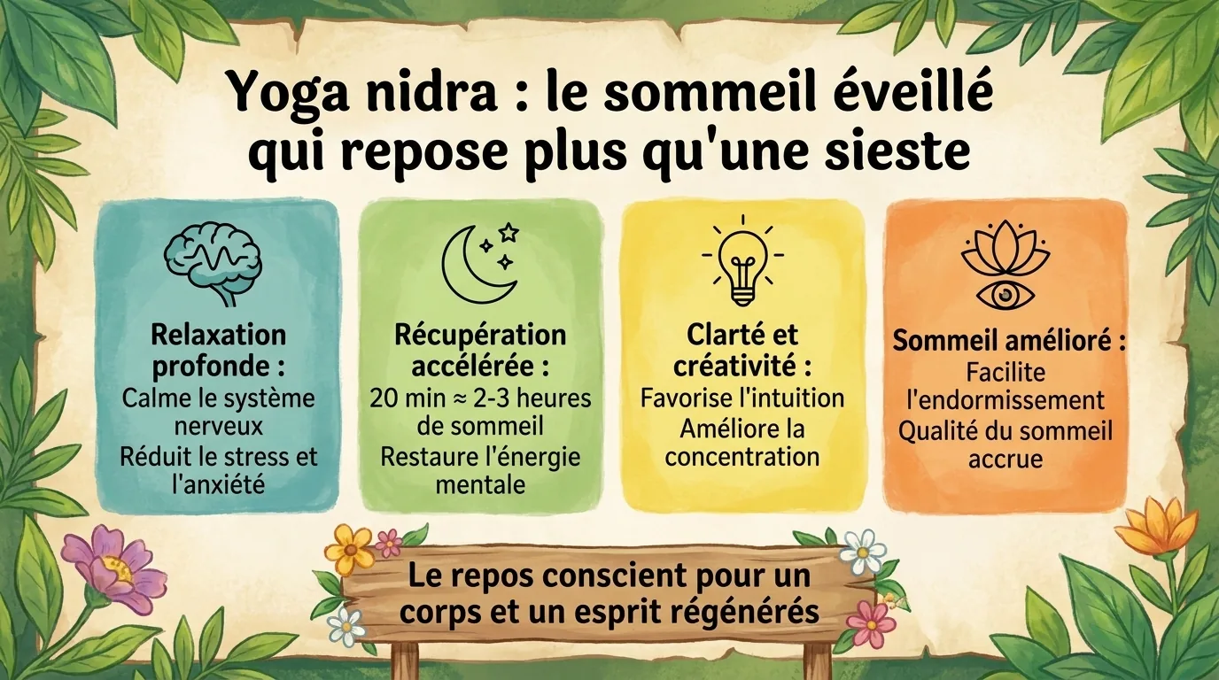 Schéma des bienfaits du yoga nidra : relaxation profonde, récupération, clarté mentale et sommeil amélioré Schéma des bienfaits du yoga nidra : relaxation profonde, récupération, clarté mentale et sommeil amélioré