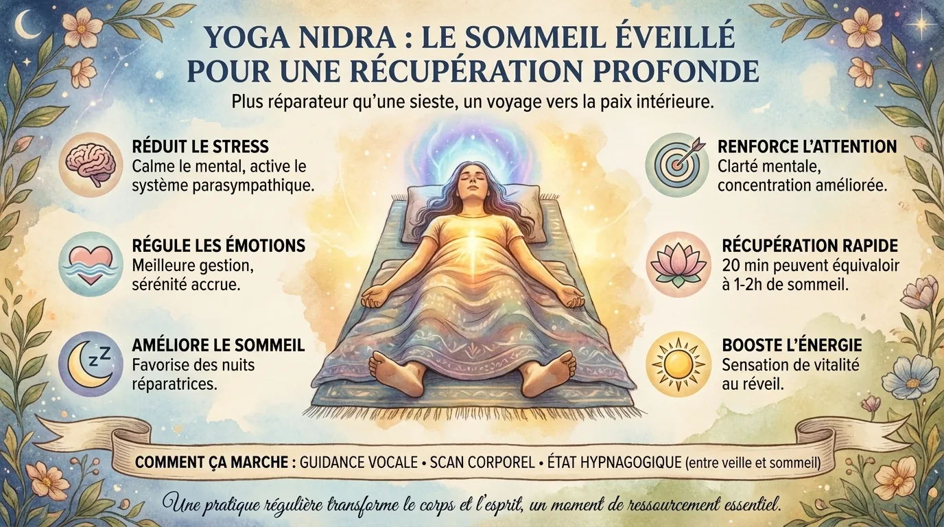 Une séance express de dix minutes Femme allongée sur un tapis pour le yoga nidra, entourée de six bienfaits : stress, émotions, sommeil, attention, énergie