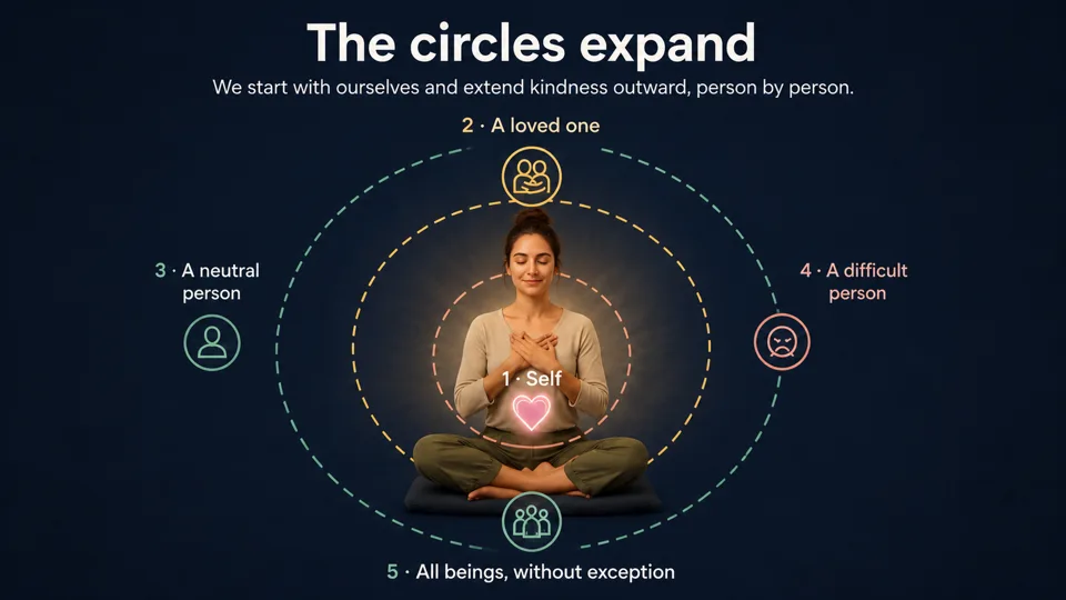 Diagram — The circles widen: start from yourself and extend kindness outward, step by step.