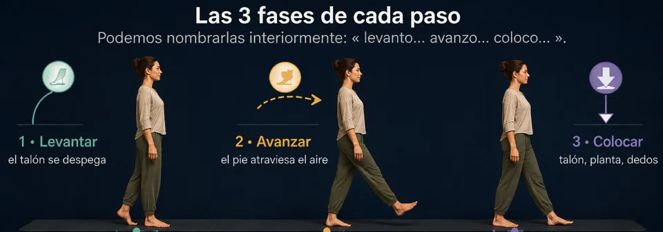 Esquema — Las 3 fases de cada paso. Se pueden nombrar interiormente: «levanto… avanzo… apoyo…».