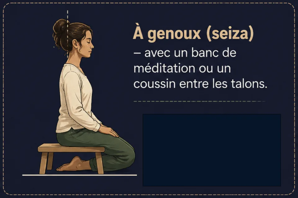 Allongé (savasana) — pour le scan corporel et les méditations du sommeil. Risque d'endormissement : à réserver à ces pra