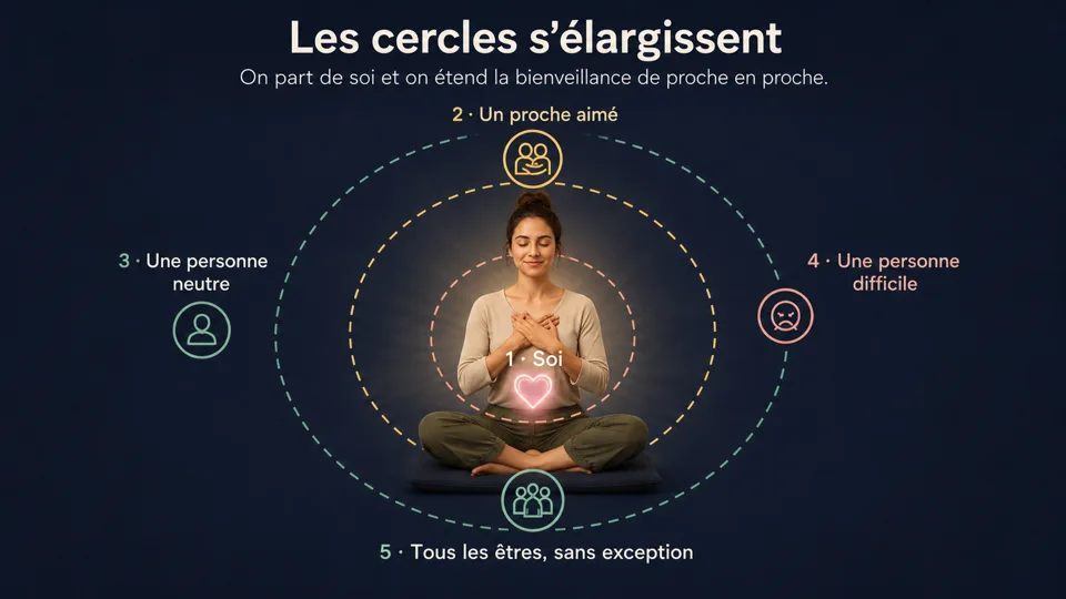 Schéma — Les cercles s'élargissent : on part de soi et on étend la bienveillance de proche en proche.