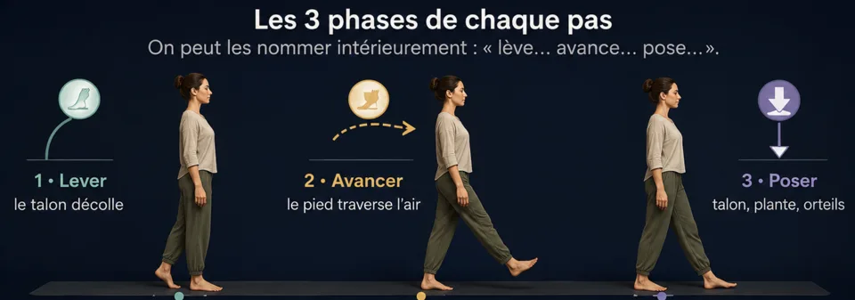 Schéma — Les 3 phases de chaque pas. On peut les nommer intérieurement : « lève… avance… pose… ».