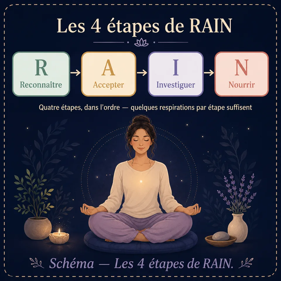 Les 4 étapes de la méthode RAIN, l'une des techniques de méditation expliquées ici.