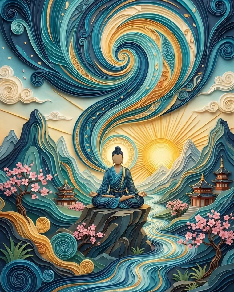Faut-il rester éveillé pendant le yoga nidra ? Silhouette en robe bleue méditant sur un rocher face au soleil levant, grande spirale turquoise et pagodes en papier