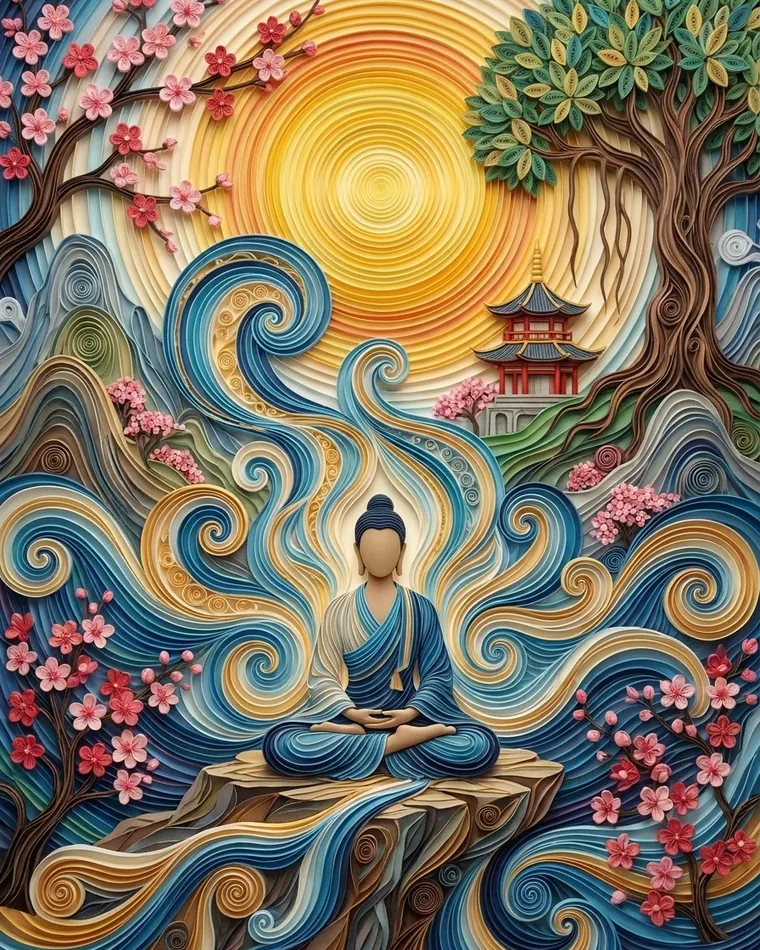 Persona con túnica azul meditando en el corazón de olas arremolinadas, cerezos, pagoda y gran sol de papel enrollado