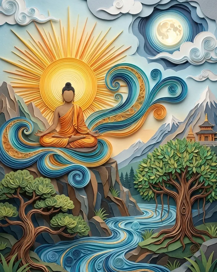 Buddha meditating atop a cliff before a radiant sun, full moon and a river between two trees in paper art Buddha meditating atop a cliff before a radiant sun, full moon and a river between two trees in paper art
