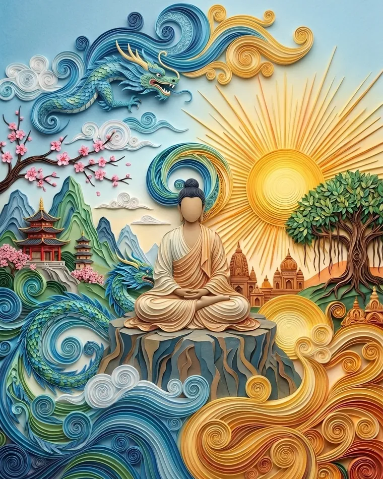 Buddha meditating on a rock between dragons, cherry blossoms, a pagoda and a blazing sun, in quilled paper