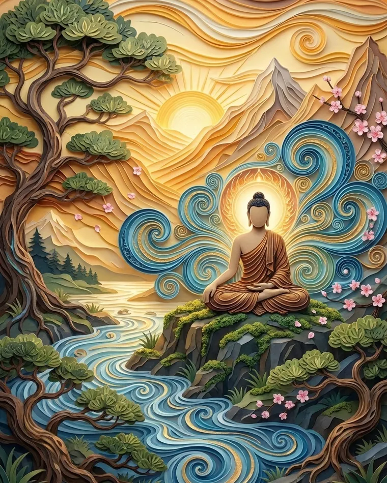 Buda meditando sobre una roca musgosa a orillas de un río, pinos, montañas doradas y atardecer en papel recortado