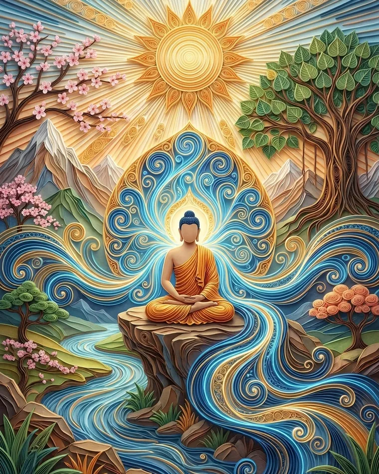 Buddha in an orange robe meditating on a rock amid a river, a blue swirling halo and golden paper sun behind him