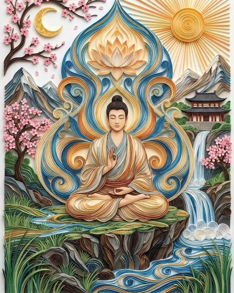 Buddha meditating before a large quilled lotus flame, with waterfall, temple, sun and crescent moon Buddha meditating before a large quilled lotus flame, with waterfall, temple, sun and crescent moon