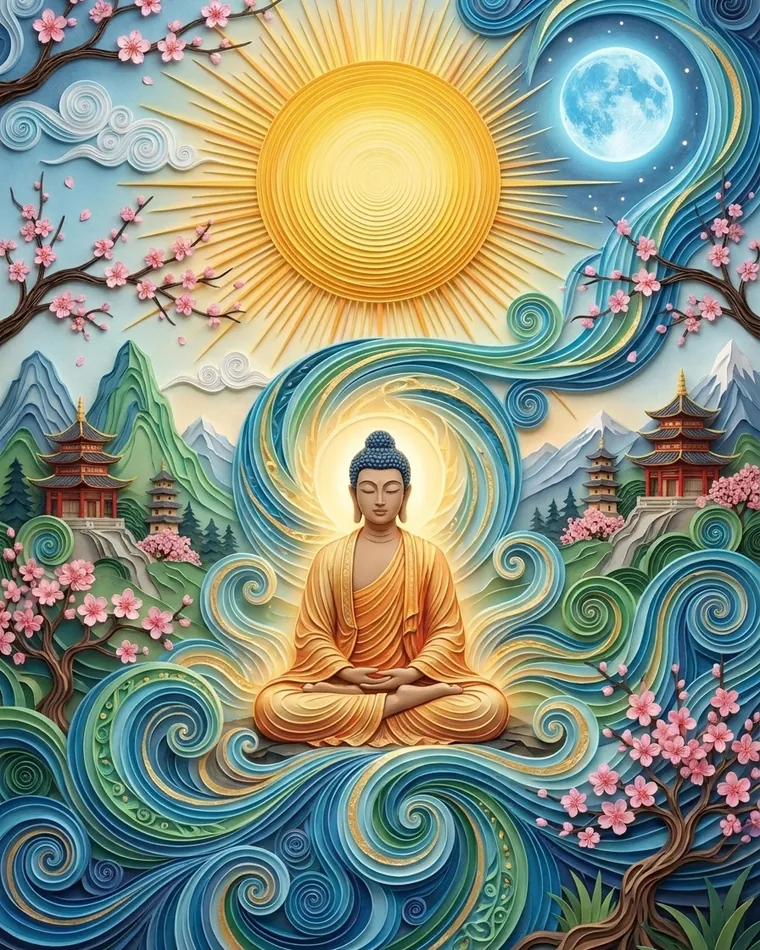 Questions fréquentes Bouddha en robe orange méditant sous un soleil éclatant et la pleine lune, pagodes, cerisiers et vagues en papier découpé
