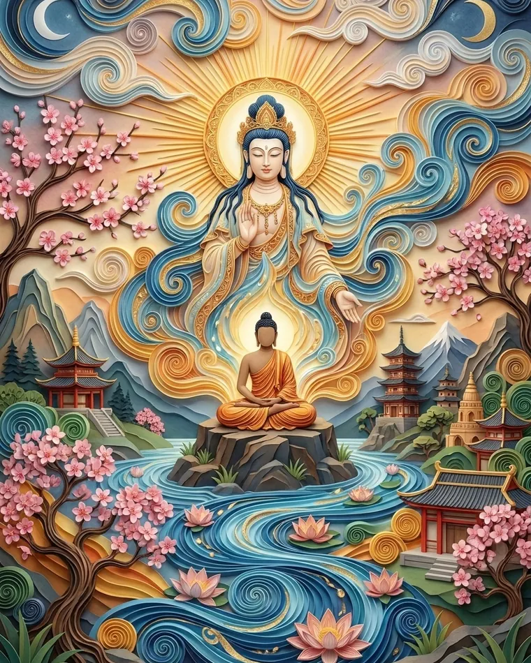 Crowned deity hovering above a monk meditating on a rock, lotus river, pagodas and cherry blossoms in quilled Crowned deity hovering above a monk meditating on a rock, lotus river, pagodas and cherry blossoms in quilled paper