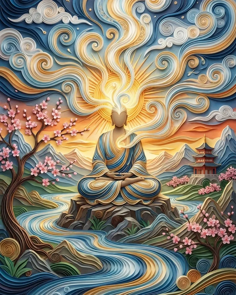 Silueta sin rostro meditando sobre una roca, volutas doradas que brotan hacia el sol, río y cerezos