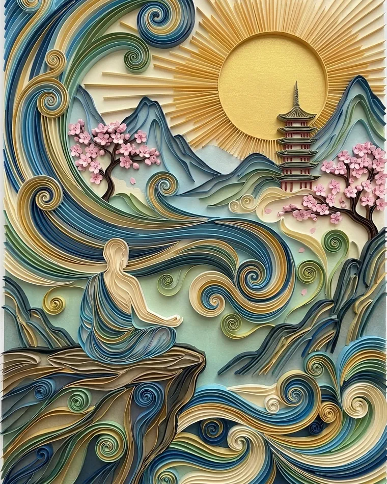 Three uses of the body scan Seated figure seen from behind on a cliff, blue and gold quilled swirls, golden sun and pagoda among cherry trees