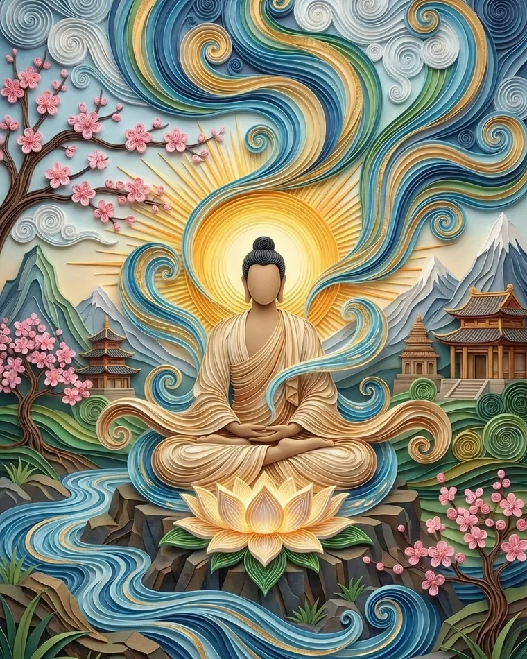 Figure in a golden robe meditating above a lotus by a river, with sun, swirls, pagodas and cherry blossoms in paper