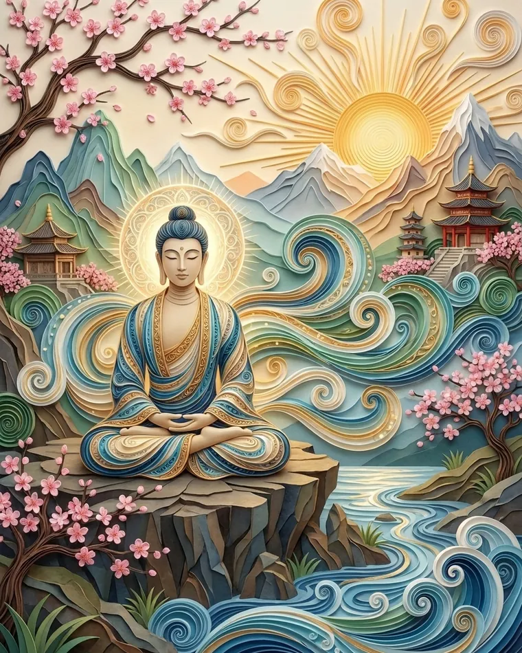 Haloed Buddha meditating on a cliff by a river, spiral waves, rising sun, pagodas and cherry blossoms in paper Haloed Buddha meditating on a cliff by a river, spiral waves, rising sun, pagodas and cherry blossoms in paper art