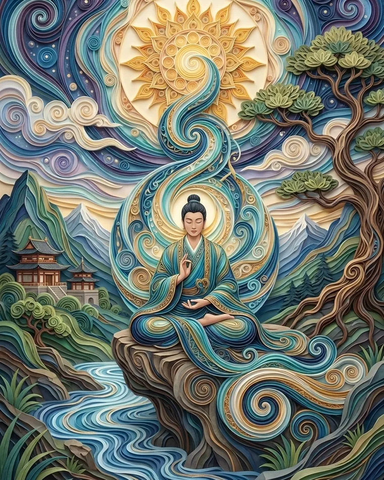 Man in a turquoise robe meditating on a rock, a spiral of energy rising toward a golden sun, gnarled pine and Man in a turquoise robe meditating on a rock, a spiral of energy rising toward a golden sun, gnarled pine and temple