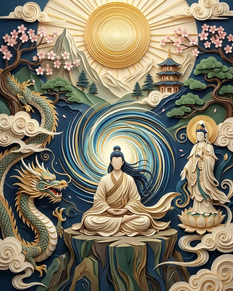Robed meditator on a rock before a blue vortex, with a green dragon and a goddess on a lotus in cut-paper art Robed meditator on a rock before a blue vortex, with a green dragon and a goddess on a lotus in cut-paper art
