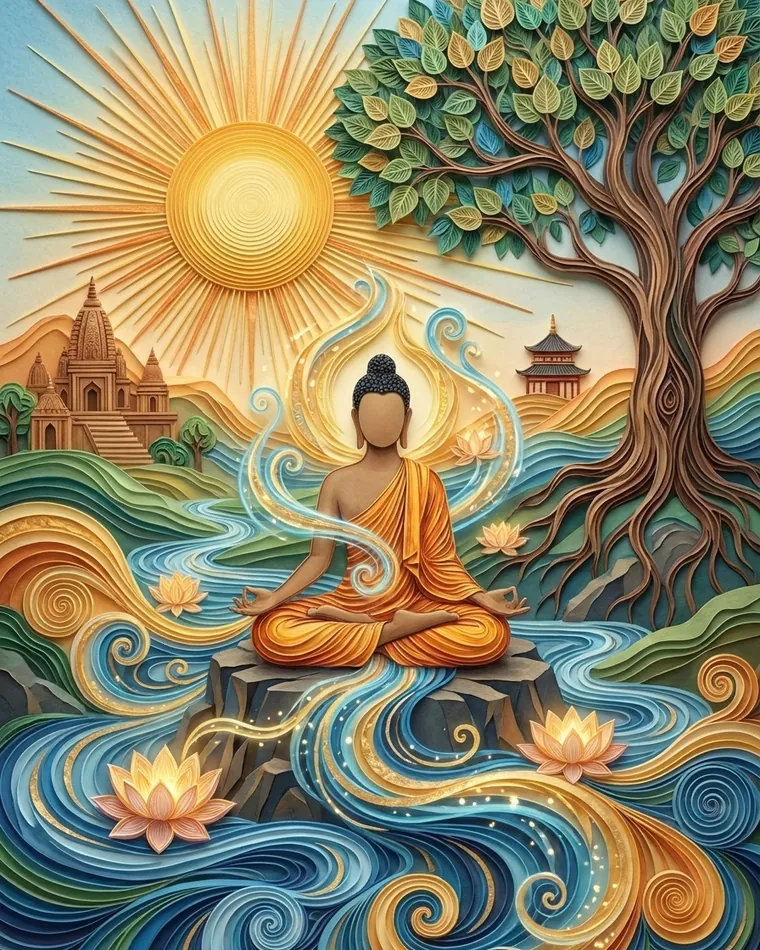 Monje meditando sobre una roca a orillas de un río con lotos luminosos, gran árbol y templos de papel recortado
