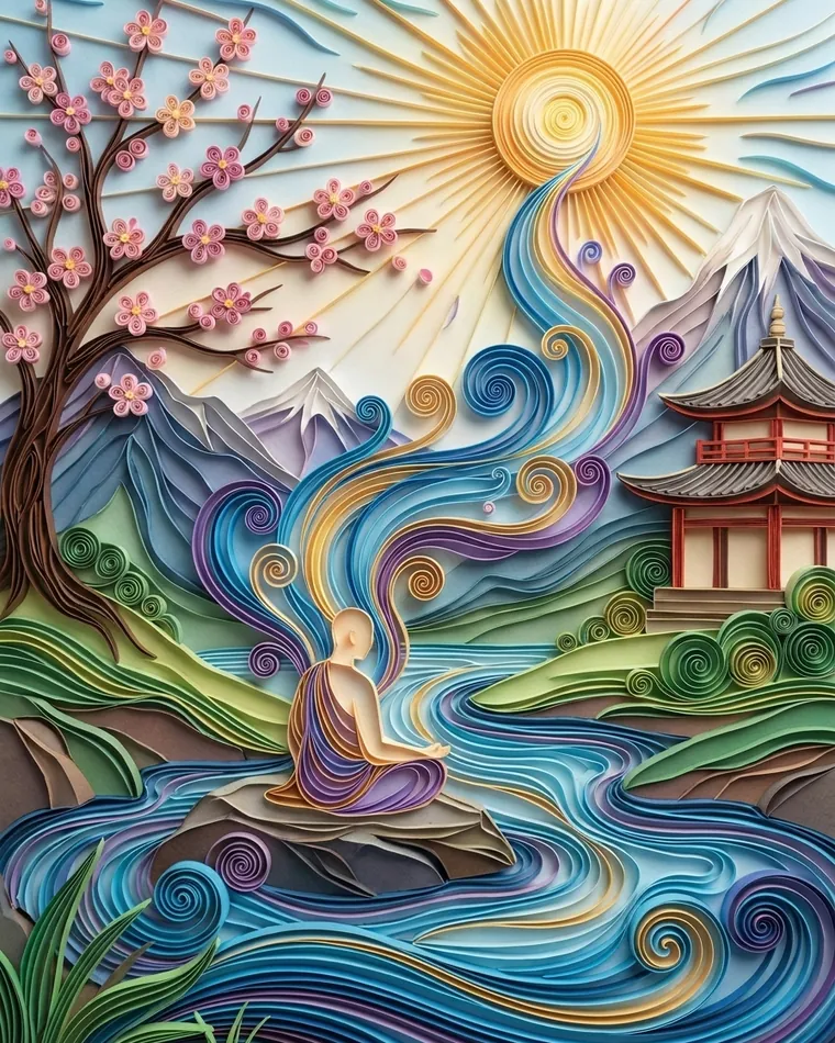 Monk in a purple robe meditating on a stone in a river, beside a blossoming cherry tree and a red temple in quilled paper