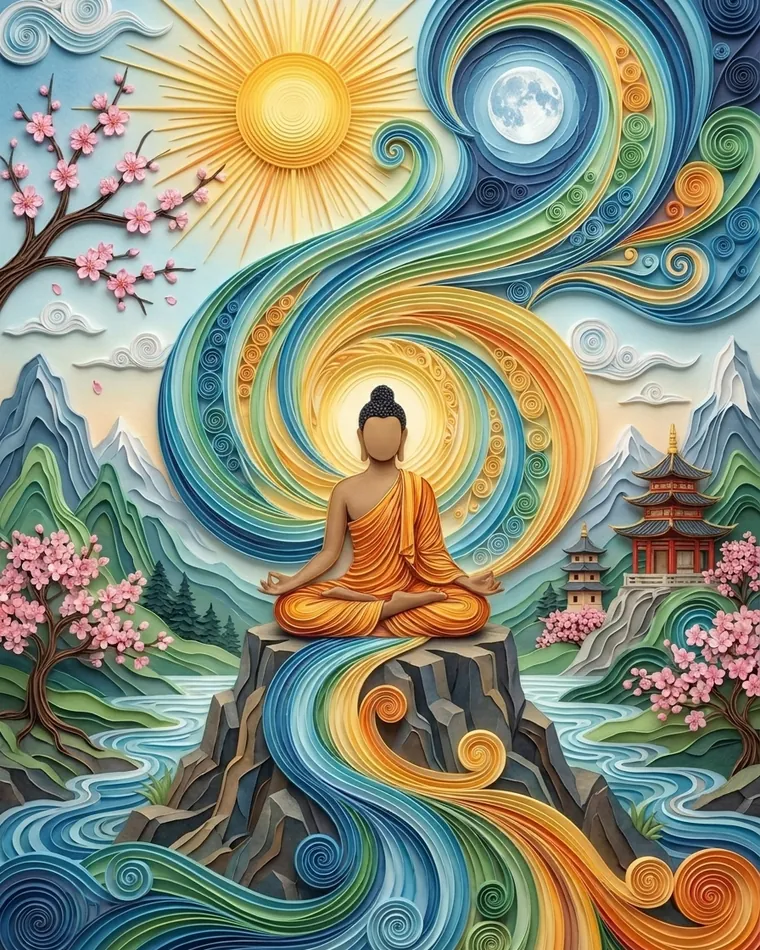 Monk in orange robes meditating on a rock within a sun and moon spiral, mountains and a pagoda in rolled paper art
