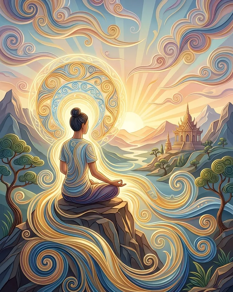 Personne vue de dos méditant sur un rocher, halo de spirales dorées, lever de soleil sur la vallée et temple l Personne vue de dos méditant sur un rocher, halo de spirales dorées, lever de soleil sur la vallée et temple lointain