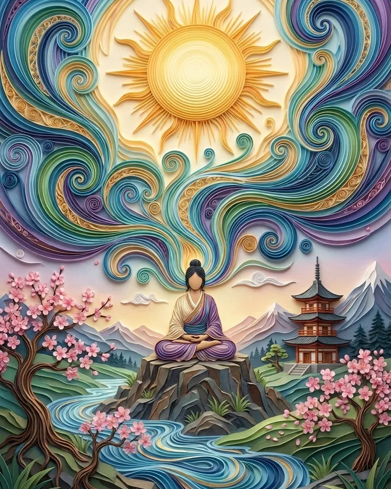 Person meditating on a rock beneath a vast sun, colorful swirls, river, pagoda and cherry trees in quilled paper