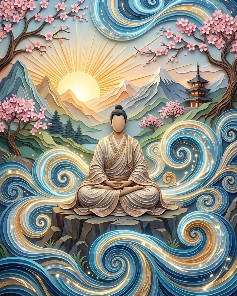 Robed man meditating on a rock amid swirling paper waves, rising sun, cherry blossoms and a pagoda in quilled paper