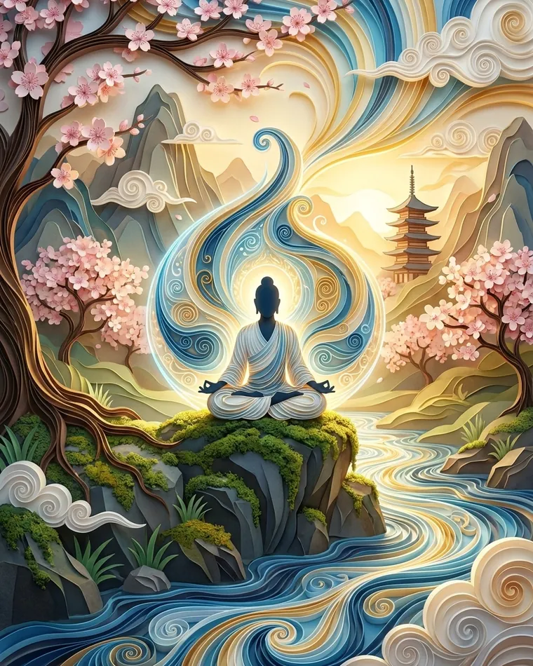 Dark silhouette in lotus pose on a mossy rock by a river, pink cherry trees and a pagoda in warm golden light