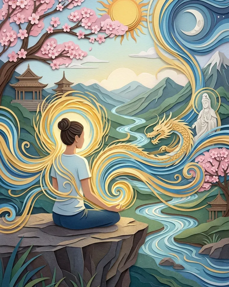 Woman seen from behind meditating on a cliff, wrapped in golden swirls with a dragon and statue above a winding river