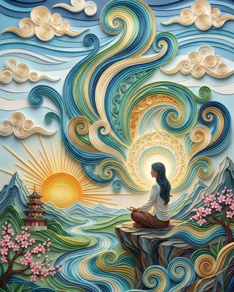 Woman in profile meditating on a cliff edge under swirling blue and green paper waves, setting sun and distant pagoda