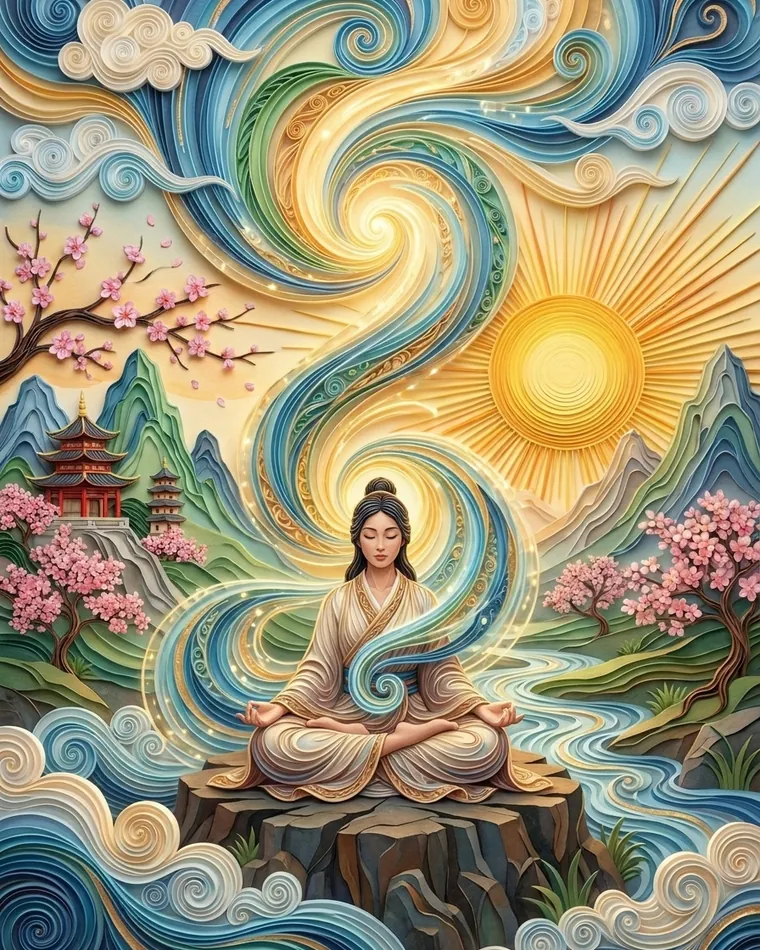 Woman meditating on a rock wrapped in a blue and gold spiral, a large sun, pagodas and cherry blossoms in quilled paper