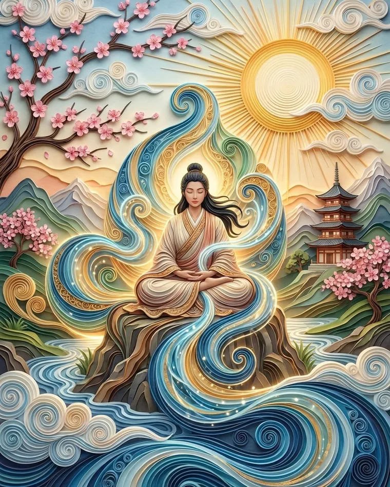 Femme en méditation enveloppée de vagues bleues et dorées sur un rocher, soleil, cerisier en fleurs et pagode Femme en méditation enveloppée de vagues bleues et dorées sur un rocher, soleil, cerisier en fleurs et pagode en papier