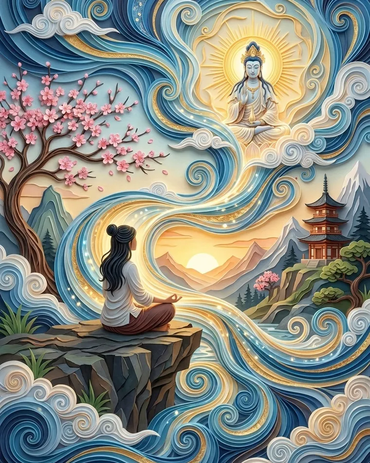 Femme méditant sur une falaise face au soleil couchant, cerisier en fleurs, pagode et divinité dans des volutes de papier