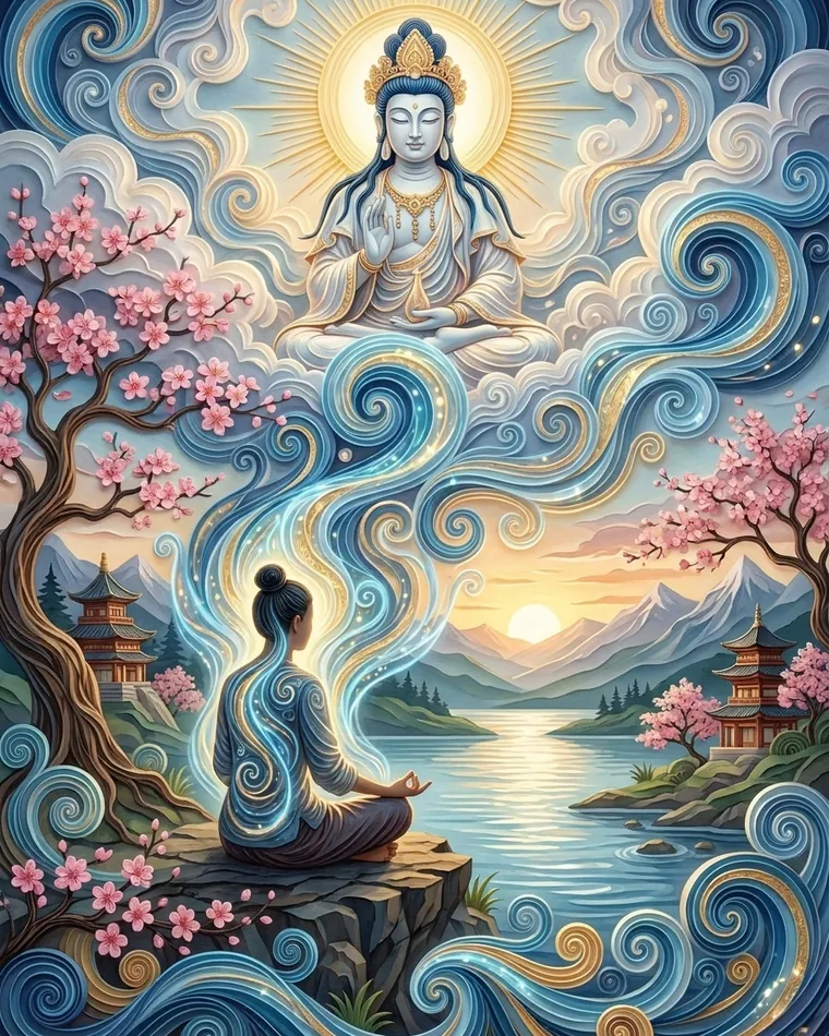 Mujer meditando sobre una roca a orillas de un lago Mujer meditando sobre una roca a orillas de un lago, bajo una deidad benévola, volutas azules y cerezos
