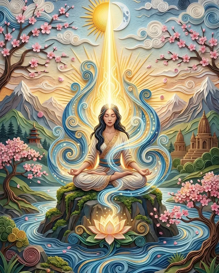 Woman meditating on a rock surrounded by water, a beam of light between sun and moon, glowing lotus and cherry trees