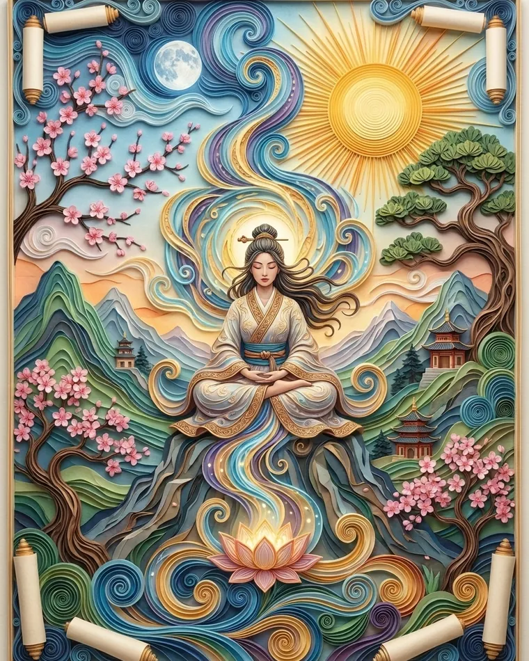 When grounding is enough… and when you need something else Woman meditating on a rock above a glowing lotus, sun and moon, cherry trees and temples framed by paper scrolls